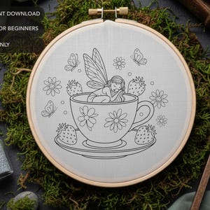 Fairy in a Teacup Embroidery Pattern , Sleeping Pixie Hand Embroidery Design