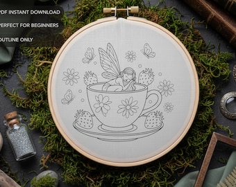 Fairy in a Teacup Embroidery Pattern , Sleeping Pixie Hand Embroidery Design