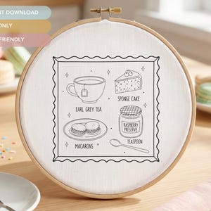 Afternoon Tea Embroidery Pattern (NO STITCH GUIDE) | Sponge Cake Macarons Hand Embroidery Design