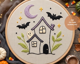Halloween Embroidery Pattern: Spooky Haunted House Hand Embroidery Design