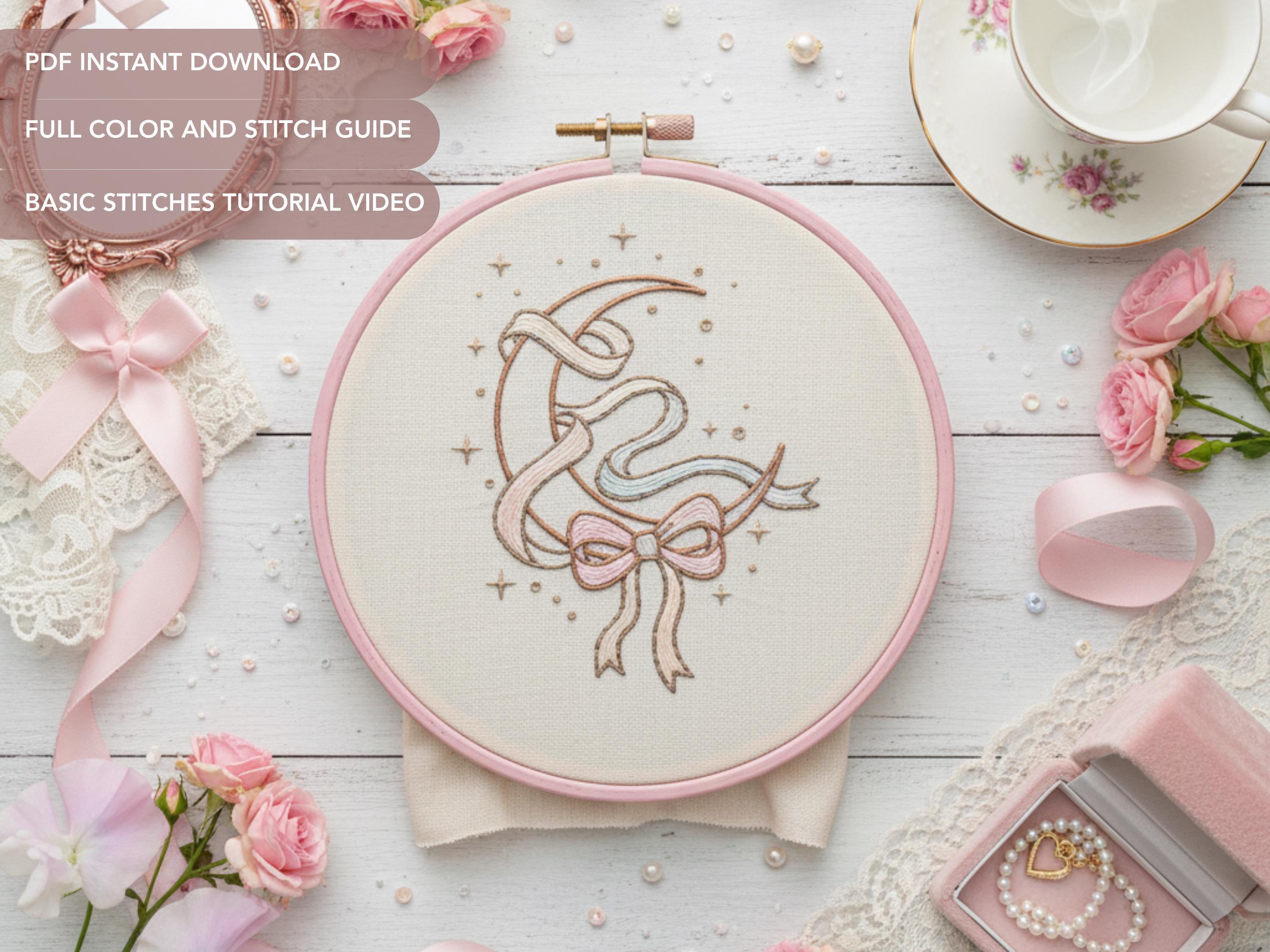 Crescent Moon Embroidery Pattern | Ribbon Bow Celestial Hand Embroidery ...