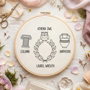 Wzór haftu starożytnej Grecji | Szablon haftu ręcznego z sową Ateny, kolumną i amforą