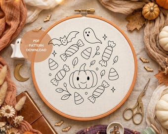 Halloween Embroidery Pattern: Spooky Pumpkin, Ghost, and Candy Embroidery Template (No Stitch Guide)
