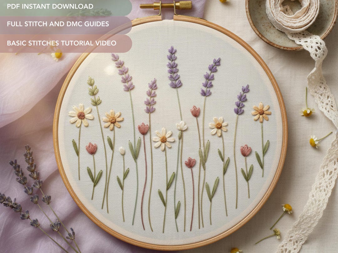 Lavender Hand Embroidery Pattern | Wildflower Meadow Embroidery Design ...