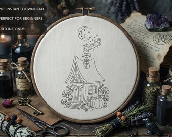 Witch Cottage Embroidery Pattern | Magical Mushroom Celestial Home Hand Embroidery Design  (NO STITCH GUIDE)