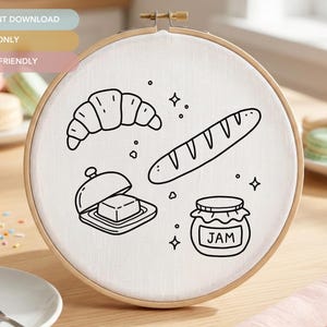 フランスのベーカリー刺繍パターン | クロワッサン、バゲット、バターの手刺繍デザイン（ステッチガイドなし）