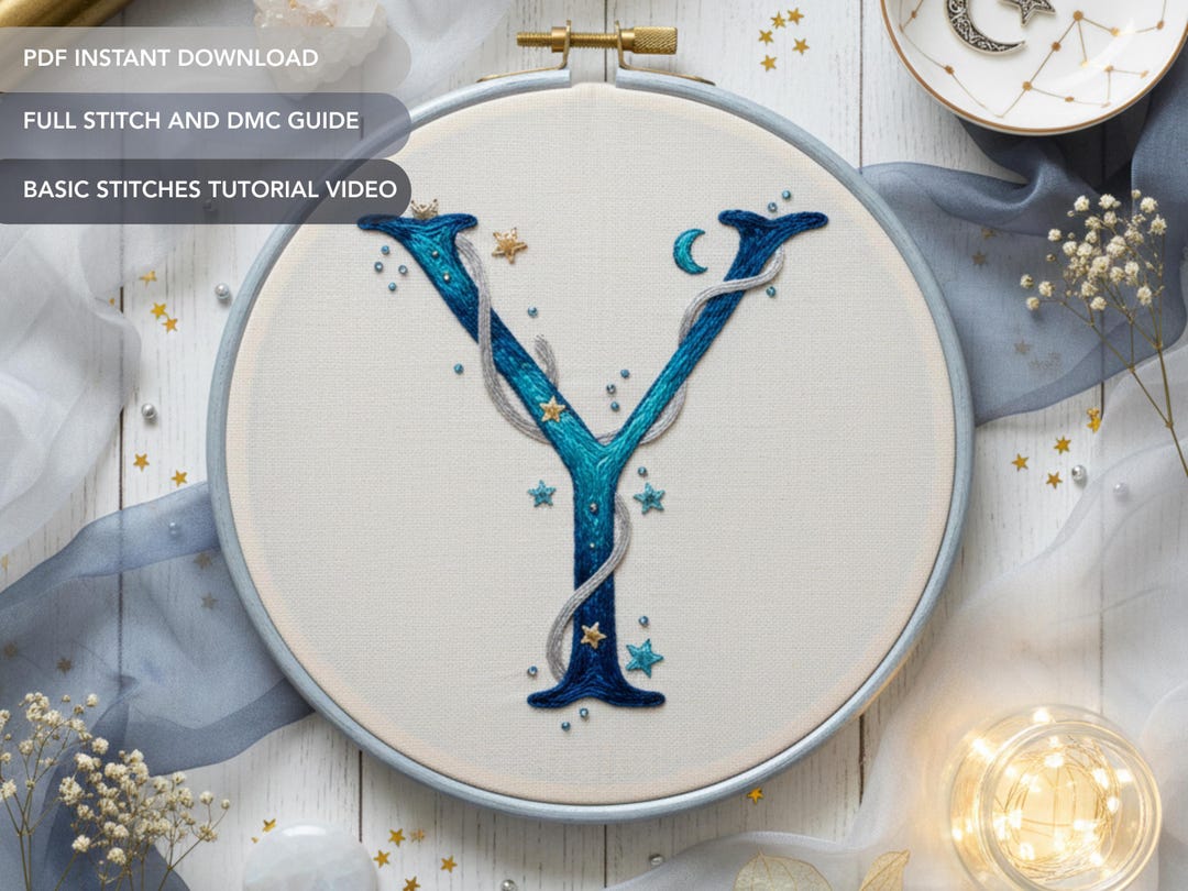 Celestial Letter Y Embroidery Pattern | Moon and Stars Alphabet Hand ...