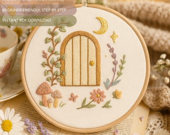 Padrão de bordado à mão para porta de fadas em PDF | Arte botânica excêntrica em bastidor para iniciantes