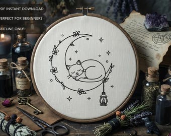 Patrón de bordado de gato durmiendo sobre la luna / Diseño floral celestial (sin guía de puntadas)
