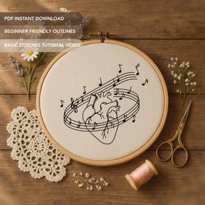 Musikalisches menschliches Herz Stickmuster | Stickdatei Anatomische Musik Handstickerei (ohne Anleitung)