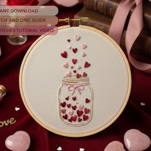 Hearts in a Jar Embroidery Pattern, Valentine Hand Embroidery Design