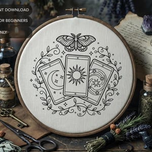 Tarot Cards Embroidery Pattern | Moth Celestial Floral Oracle Hand Embroidery Design (NO STITCH GUIDE)