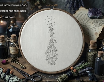 Broomstick Embroidery Pattern | Magical Floral Witchy Hand Embroidery Design