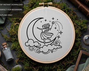 Moon Fairy Embroidery Pattern PDF | Crescent Whimsical Hand Stitch Design