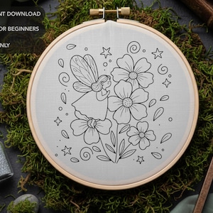 Fairy and Flowers Embroidery Pattern, Whimsical Pixie Hand Embroidery Design