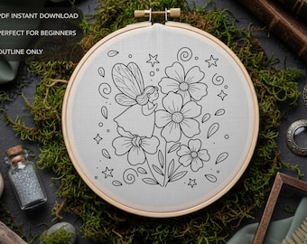 Fairy and Flowers Embroidery Pattern, Whimsical Pixie Hand Embroidery Design