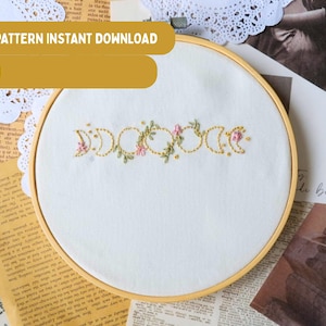 Motif de broderie Phases de la Lune | Broderie florale céleste et mystique à la main