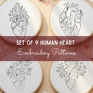 Set of 9 Human Heart Embroidery Patterns Bundle | Anatomical Hand Embroidery (NO STITCH GUIDE)