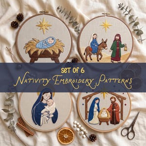 Paquete de patrones de bordado de la Natividad / Conjunto de 6 diseños de arte cristiano navideño para bastidor