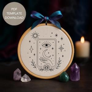 Tarot Embroidery Pattern Mystical Moon and Eye Hand Celestial Hoop Art PDF Digital Download Witchy Hand Embroidery Template for Beginners