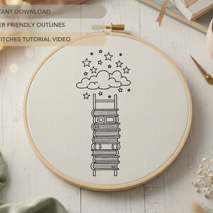 Book Ladder Cloud Embroidery Pattern | Whimsical Hand Embroidery Design