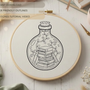 Books in a Bottle Embroidery Pattern | Book Lover Hand Embroidery Template
