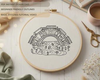 Book Bridge Embroidery Pattern | Whimsical Books Hand Embroidery Design