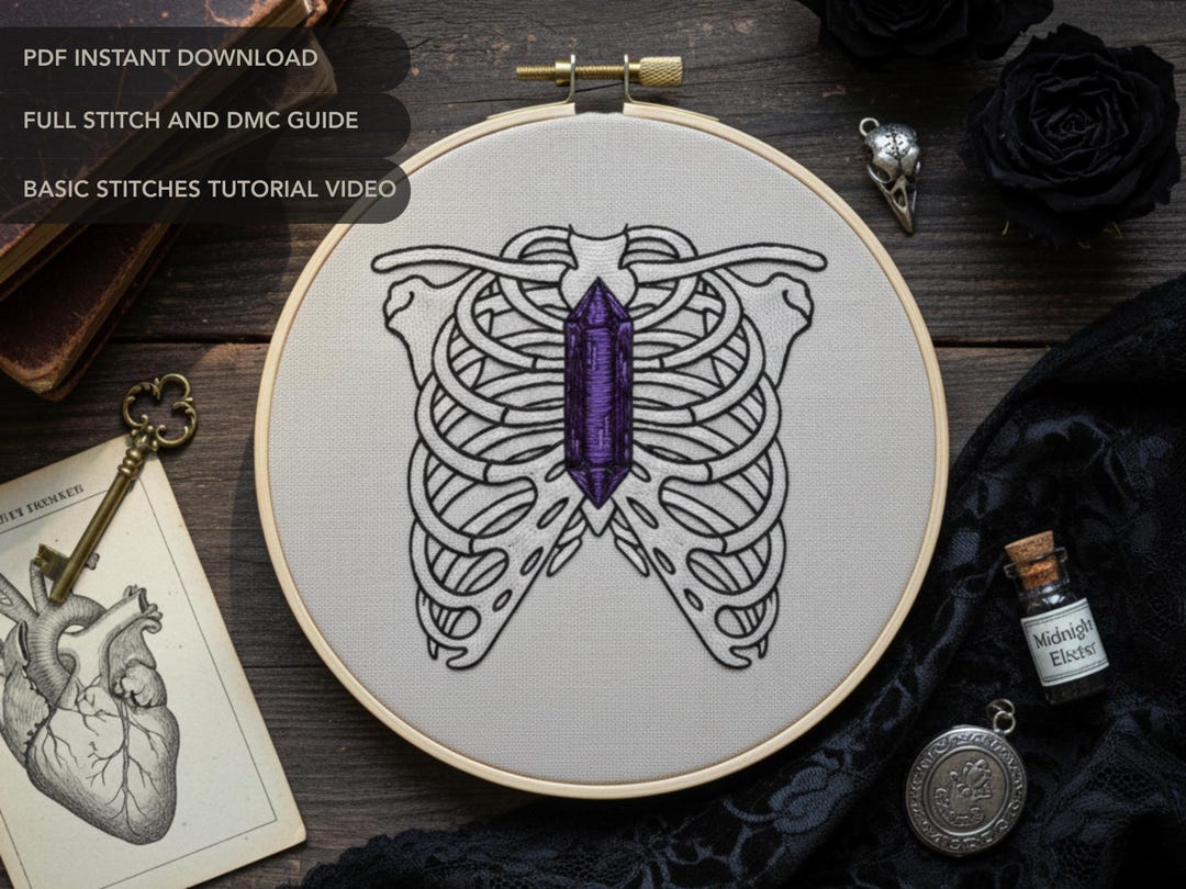Printable Rib Cage Pattern Rib Cage Crystal Embroidery Pattern | Gothic Anatomical Hand Embroidery ...
