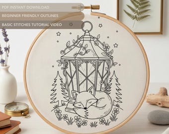 Sleeping Fox Embroidery Pattern: Woodland Animal Hand Embroidery Template