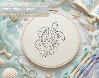 Sea Turtle Embroidery Pattern | Ocean Creatures Hand Embroidery Design