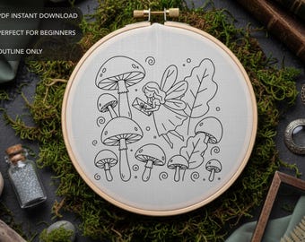 Padrão de Bordado de Fada Cogumelo em PDF | Desenho Encantador de Ponto à Mão com Tema da Floresta