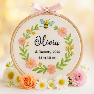 Personalized Baby Name Embroidery Pattern: Bee & Floral Wreath Design PDF (Instant Download)
