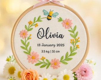 Personalized Baby Name Embroidery Pattern: Bee & Floral Wreath Design PDF (Instant Download)