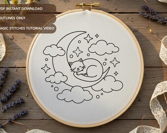 Schlafende Katze im Mond Stickmuster | Himmlische Katze, Handstickerei
