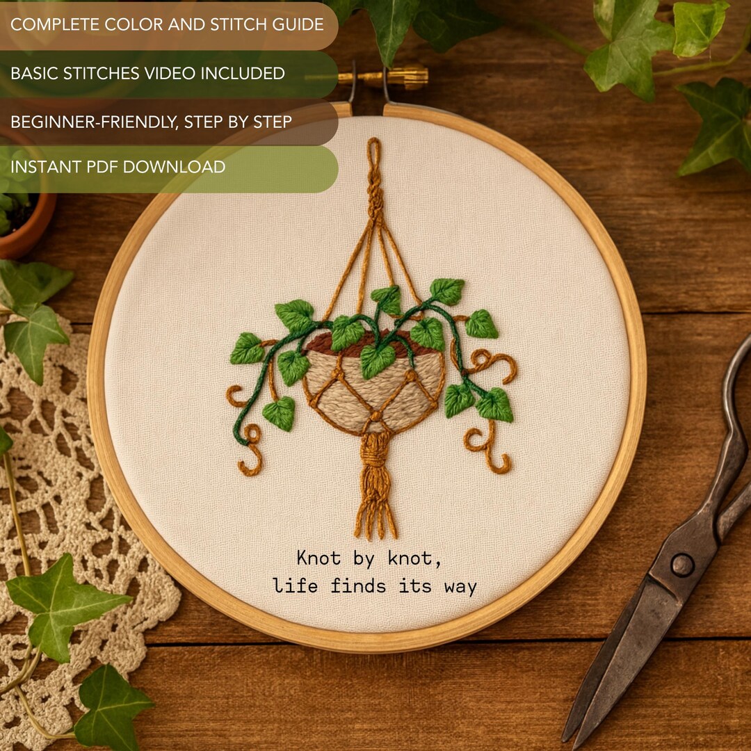 Macrame Hanging Plant Embroidery Pattern PDF | Botanical Hoop Art for ...