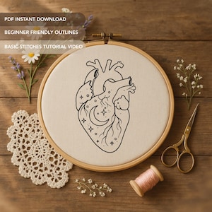 Motif de broderie coeur humain céleste | Motif de broderie gothique anatomique à la main (SANS GUIDE DE POINT)