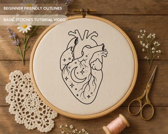 Celestial Human Heart Embroidery Pattern | Anatomical Gothic Hand Embroidery Design (NO STITCH GUIDE)