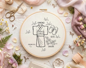 Japanisches Kimono-Handstickmuster | Sakura, Kranich Stickvorlage