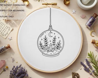 Crystal Terrarium Embroidery Pattern | Witchy Moon Mushroom Hand Embroidery Design