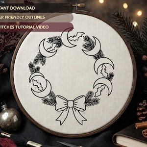 Gothic Wreath Embroidery Pattern (NO STITCH GUIDE) | Gothmas Moon Bat Hand Embroidery