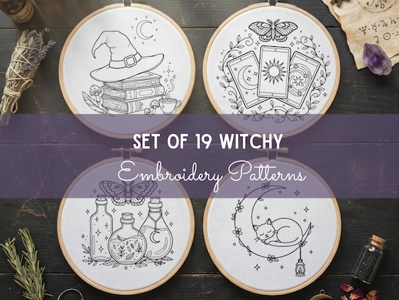 Set of 19 Witchy Embroidery Patterns Bundle | Celestial Magical Hand Embroidery Template