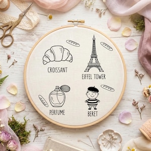 Puede incluir: Un bastidor de bordado con dibujos lineales negros de un cruasán, la Torre Eiffel, un frasco de perfume y una persona con boina. Cada imagen tiene una palabra correspondiente: "CROISSANT", "EIFFEL TOWER", "PERFUME" y "BERET". El bastidor está rodeado de flores y tela.