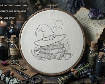 Witch’s Hat & Spell Books Embroidery Pattern | Magical Celestial Hand Embroidery Design (NO STITCH GUIDE)