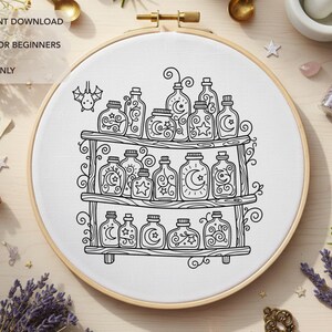 Witchy Potion Shelf Embroidery Pattern | Apothecary Bottles Hand Embroidery Design