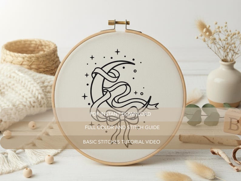 Crescent Moon Embroidery Pattern | Ribbon Bow Celestial Hand Embroidery ...