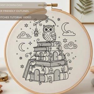 Book Stack Owl Embroidery Pattern | Whimsical Hand Embroidery