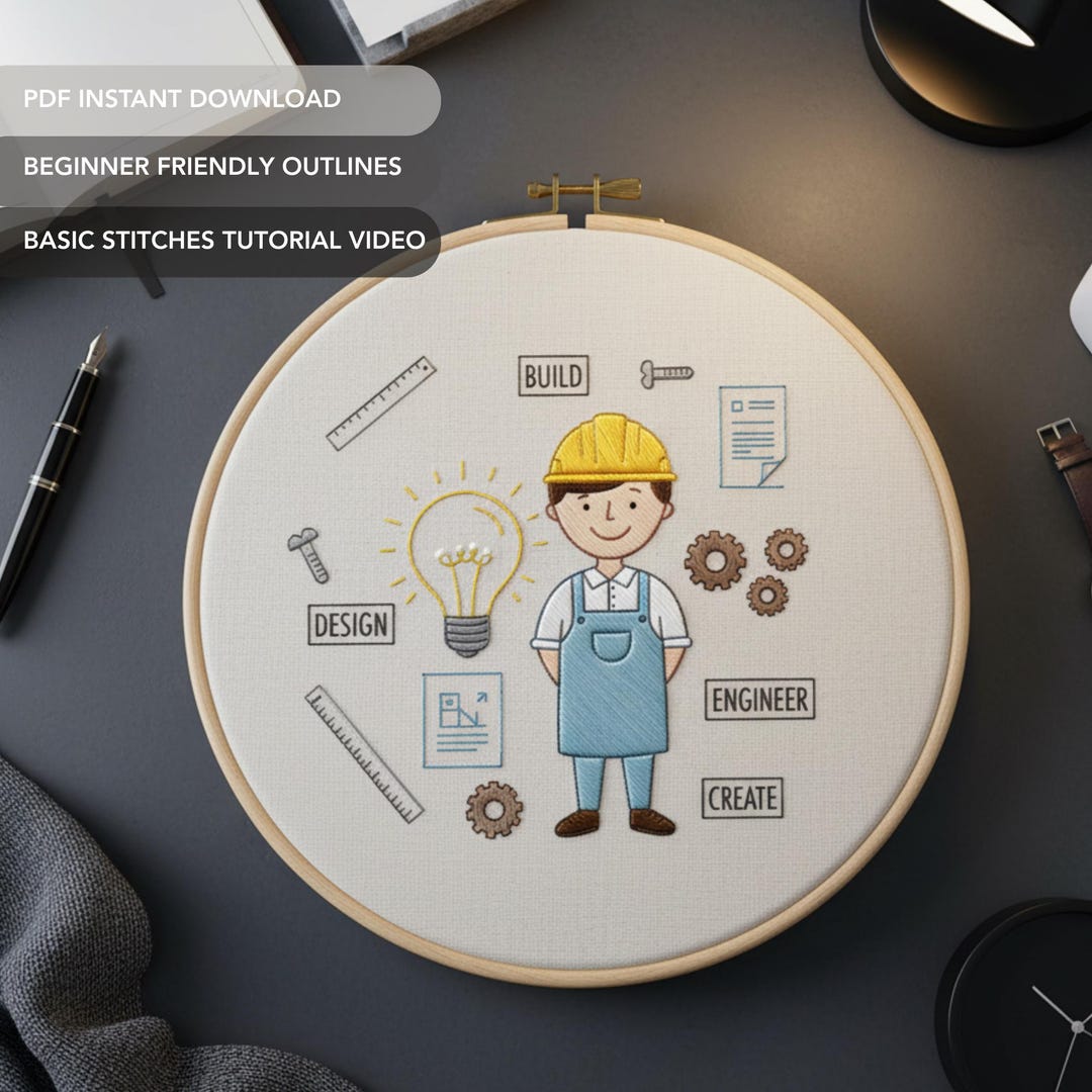 Embroider Engineering Design Engineer Embroidery Pattern PDF | Chibi Builder Hand Stitch Design - Etsy