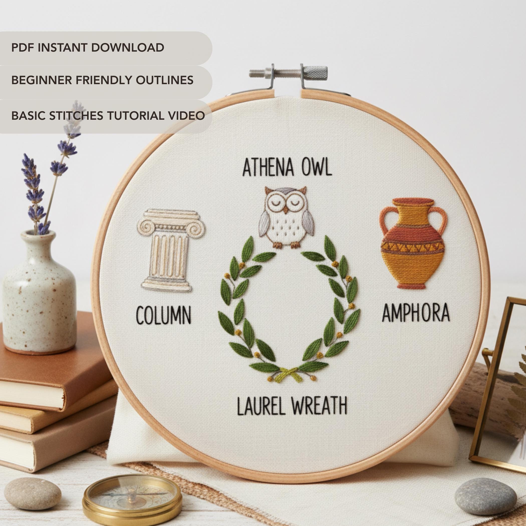 Ancient Greece Embroidery Pattern PDF | Athena Owl Column Laurel Wreath Hand Stitch Design