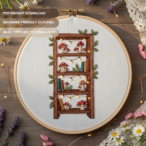 Borduurpatroon paddenstoel boekenplank pdf | Handborduurontwerp Cottagecore Fairy Lights