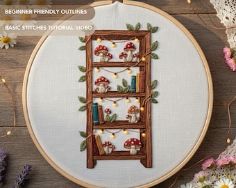 Mushroom Bookshelf Embroidery Pattern PDF | Cottagecore Fairy Lights Hand Embroidery Design